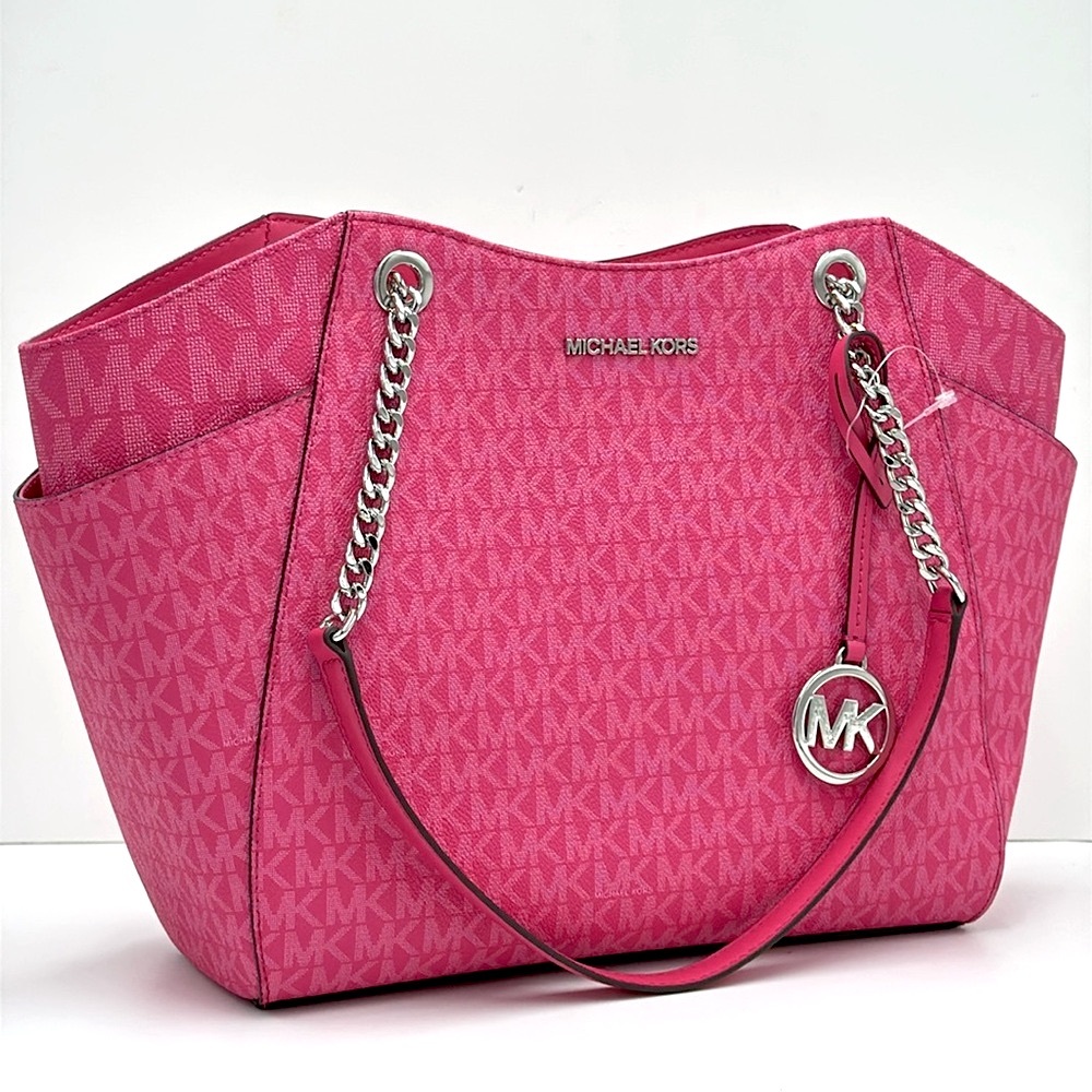 MICHAEL KORS  Jet Set Travel Large Signature Chain Shoulder Tote Bag Dragonfruit - Picture 2 of 14
